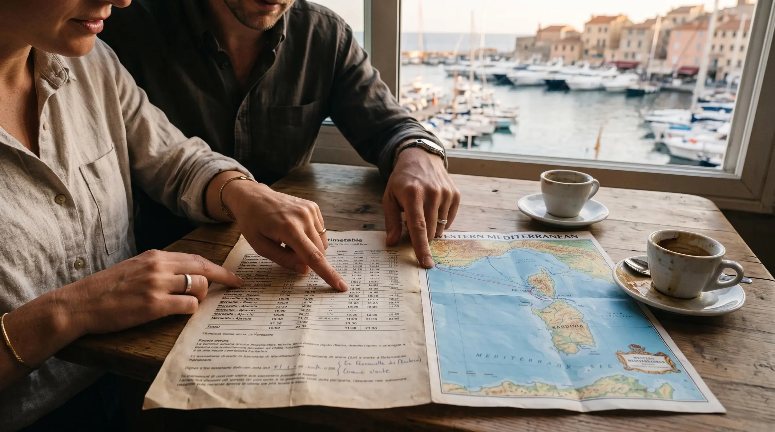 Zwei Personen vergleichen am Café-Tisch Fahrplan und Karte für eine Fährüberfahrt.