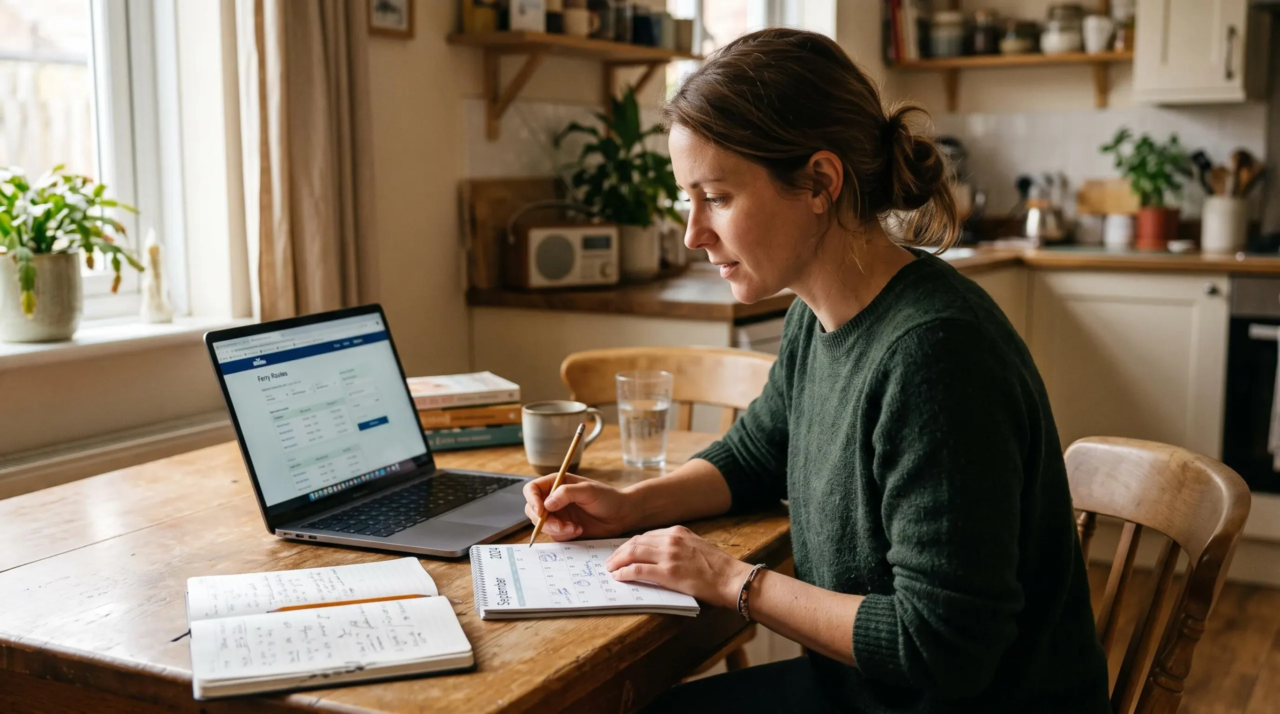Eine Frau plant am Küchentisch mit Laptop und Kalender den Zeitpunkt ihrer Fährbuchung.