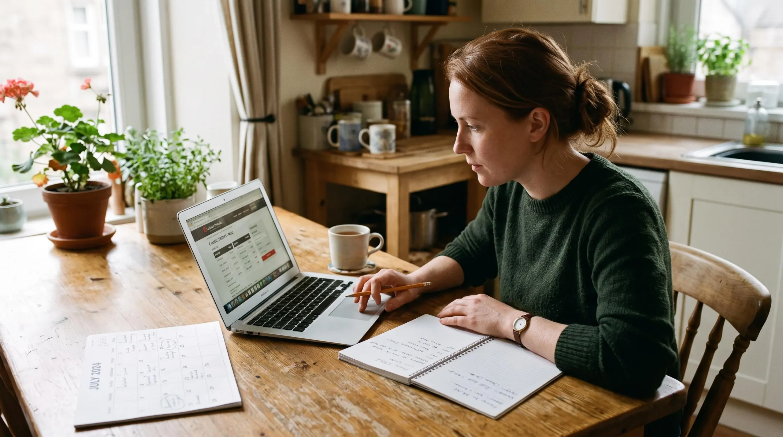 Eine Frau plant am Küchentisch mit Laptop und Kalender den Zeitpunkt ihrer Fährbuchung.