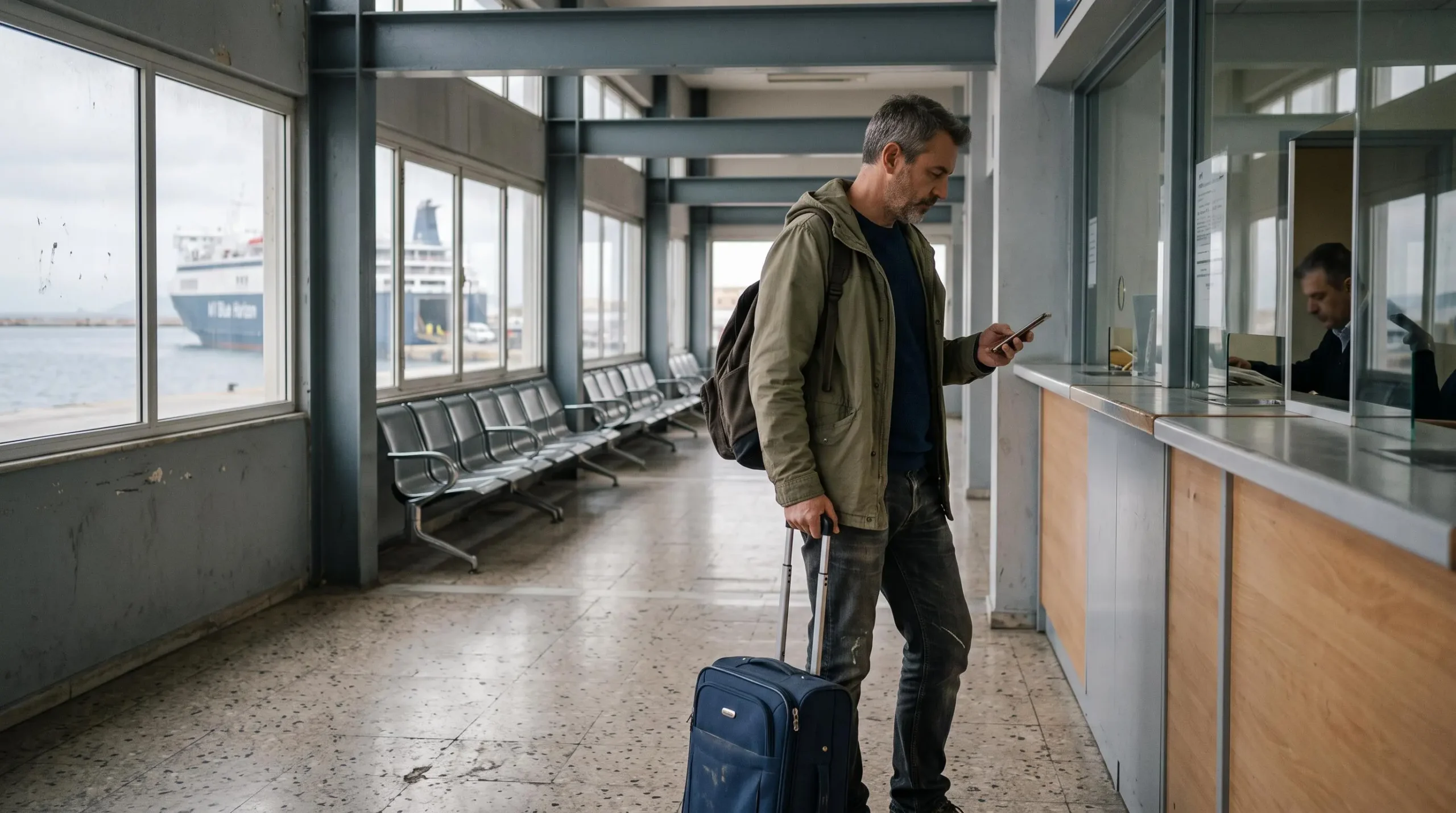Ein Mann prüft am ruhigen Fährterminal in der Nebensaison seine Buchung auf dem Handy.
